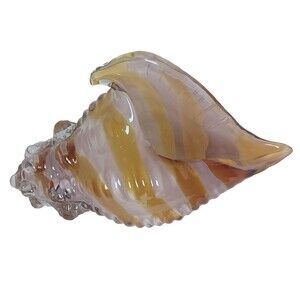 Hand Blown Glass Amber Conch Shell Pink Yellow Stripe Nautical Decor Vase Bowl